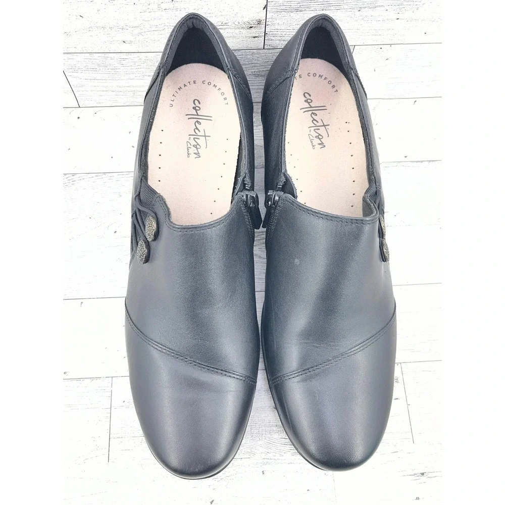 Clarks Collection Black‎ Leather Button Zip Shooties Block Heel Women Sz 9.5M